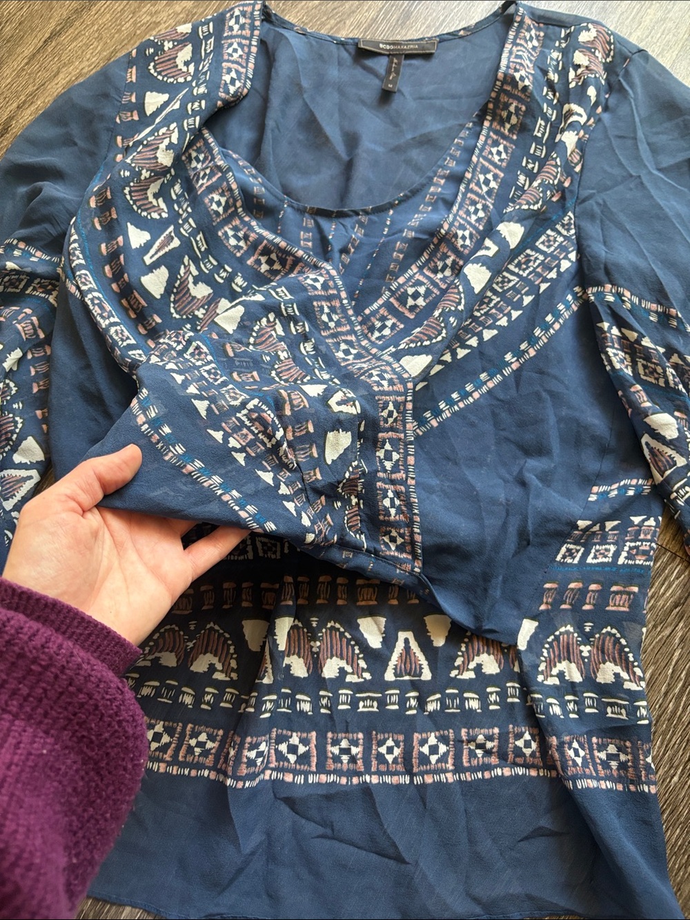 BCBGMaxazria Silk Boho Faux Wrap Handkerchief Blouse - Picture 7 of 11